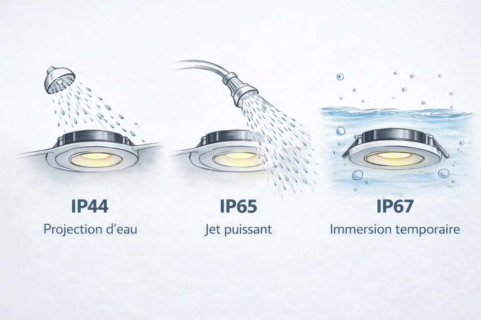 Illustration montrant trois éclairages LED avec IP: IP44 (protection eau), IP65 (jet puissant), IP67 (immersion temporaire)