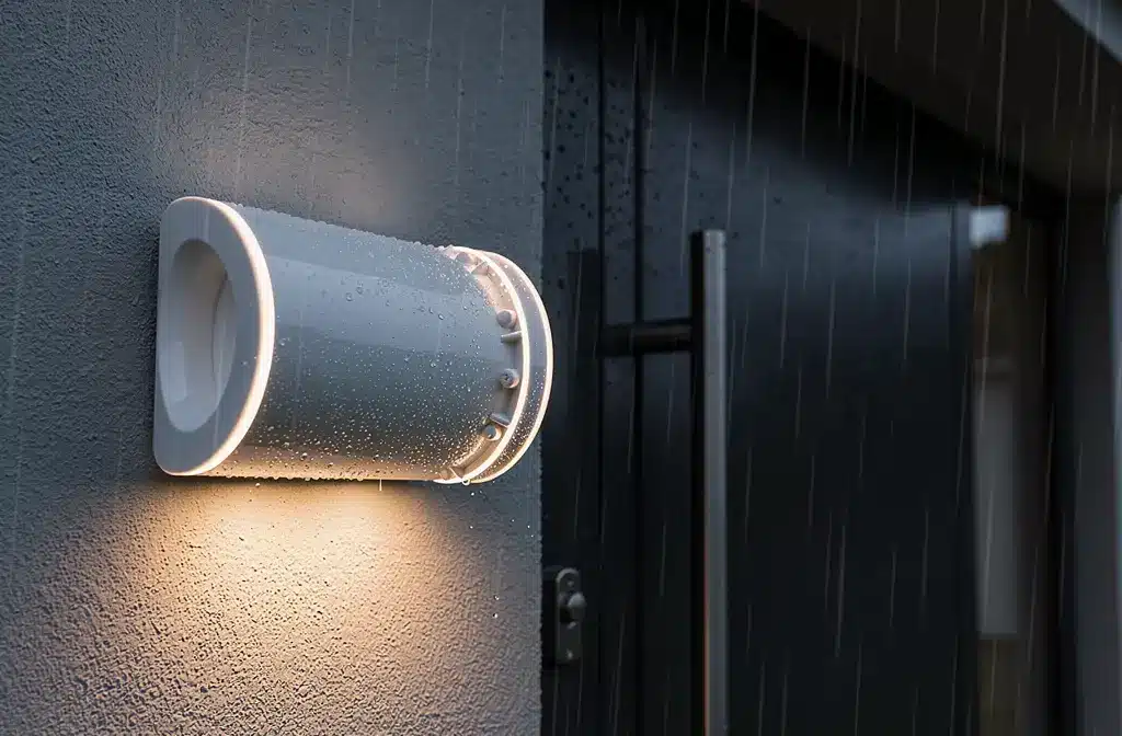 Applique murale LED étanche installée sur façade extérieure sous la pluie.