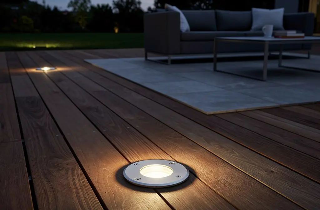 Spot LED encastré éclairant une terrasse en bois en soirée