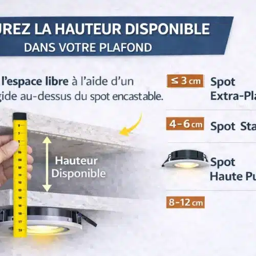 Instruction en image montrant comment mesurer la hauteur disponible pour un spot LED encastrable, avec un mètre jaune et un plafond, et choix selon 3 cm, 4-6 cm, 8-12 cm.