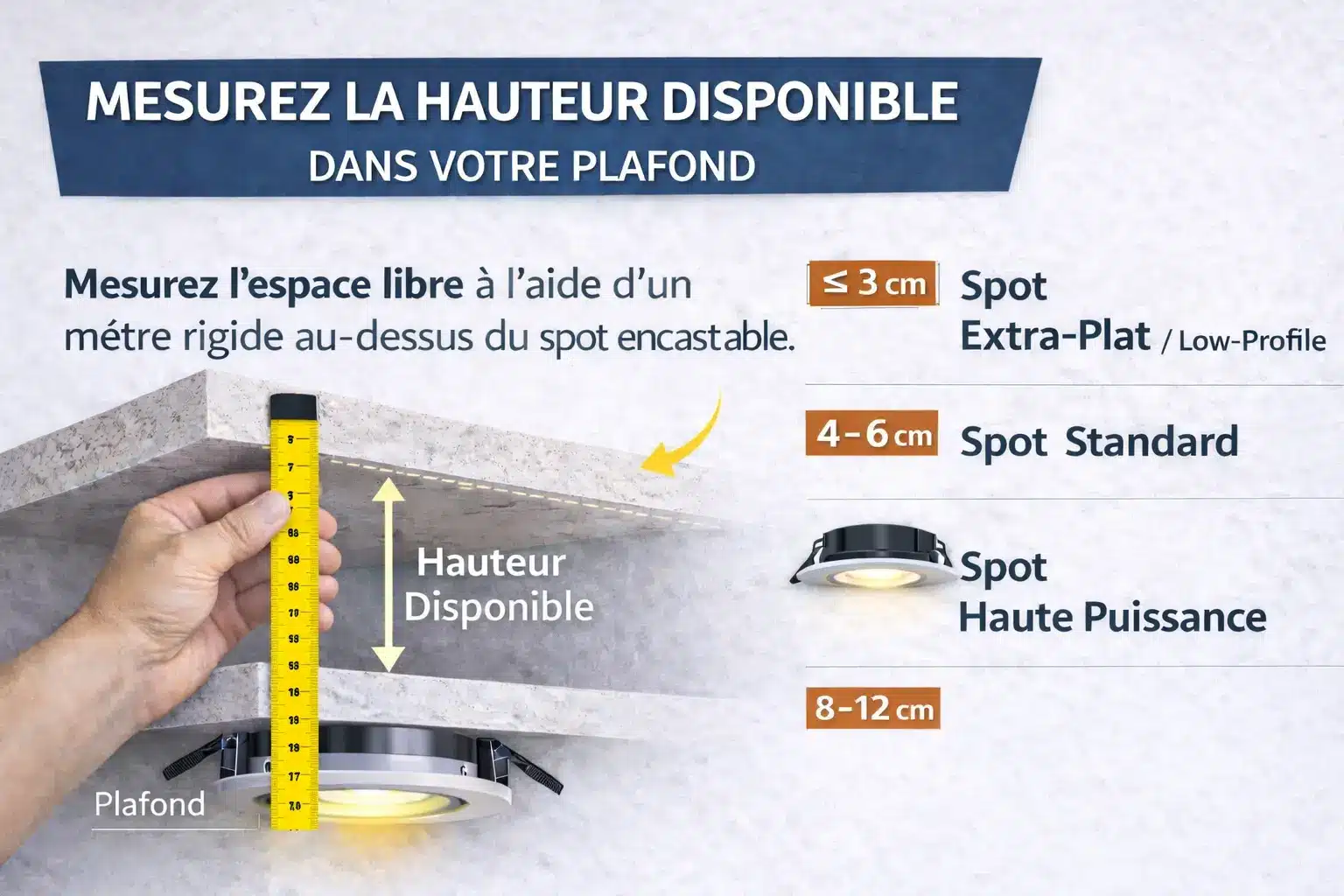 Instruction en image montrant comment mesurer la hauteur disponible pour un spot LED encastrable, avec un mètre jaune et un plafond, et choix selon 3 cm, 4-6 cm, 8-12 cm.