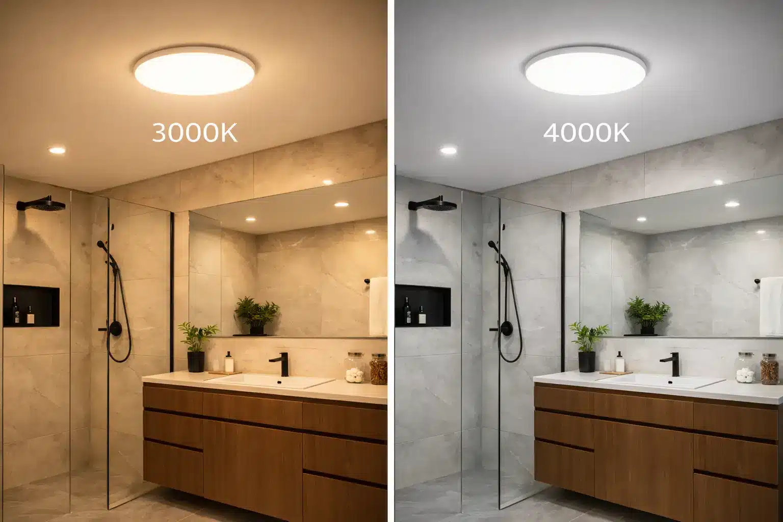 Panneau éclairage LED: image montrant une salle de bains moderne avec douche, vasque et meuble en bois; gauche 3000K, droite 4000K, démonstration de température de couleur.