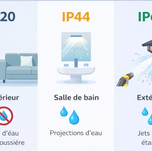 Affiche illustrative montrant trois colonnes: intérieur avec canapé et lampe (IP20); salle de bain avec lavabo et douchette (IP44); extérieur avec douchette murale et patte d’eau (IP65).