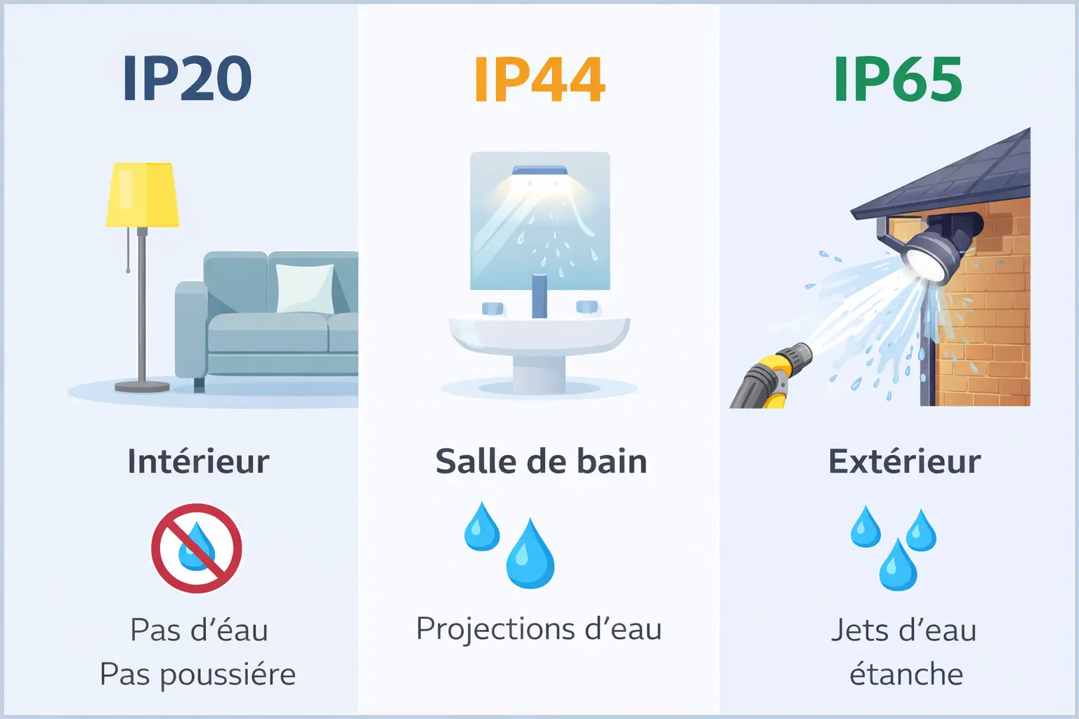 Affiche illustrative montrant trois colonnes: intérieur avec canapé et lampe (IP20); salle de bain avec lavabo et douchette (IP44); extérieur avec douchette murale et patte d’eau (IP65).