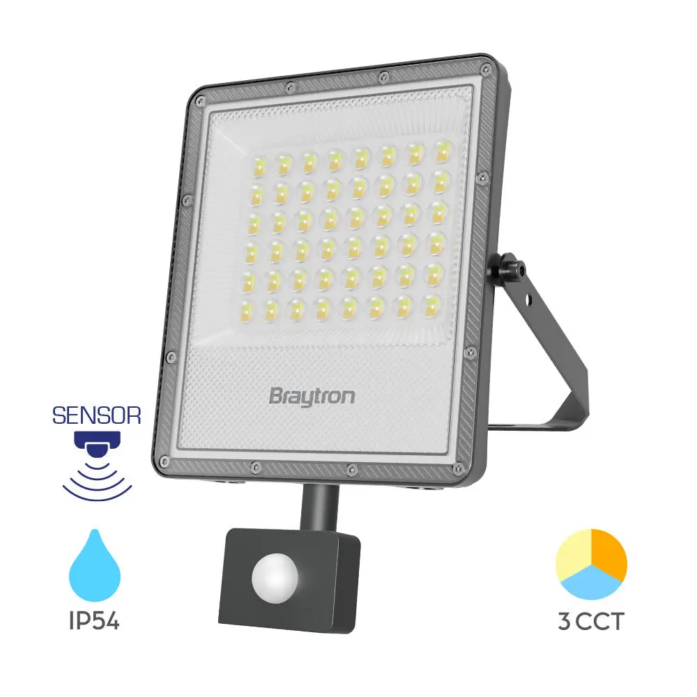 Projecteur LED Baytron avec détecteur de mouvement, boîtier gris, puits d’éclairage 3CCT, IP54, fixation inclinable.