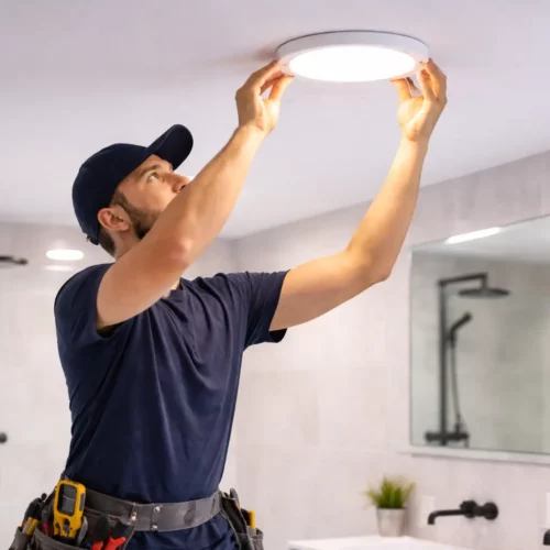 Agent installant un plafonnier LED rond dans une salle de bains, outils à la ceinture, capuche/casquette et ambiance lumineuse.