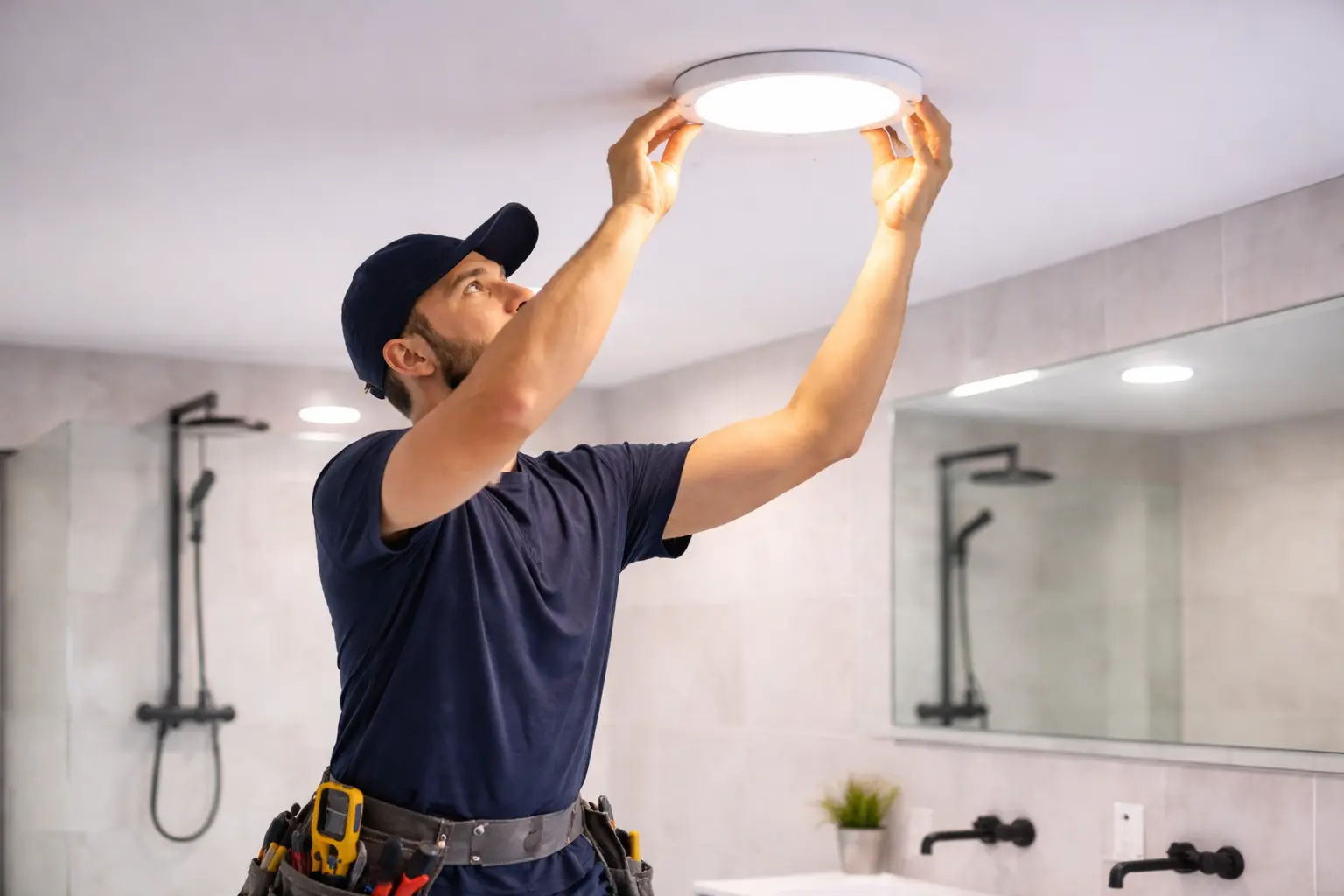 Agent installant un plafonnier LED rond dans une salle de bains, outils à la ceinture, capuche/casquette et ambiance lumineuse.