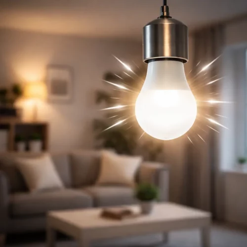 Ampoule LED suspendue émettant une lumière chaude dans un salon moderne.