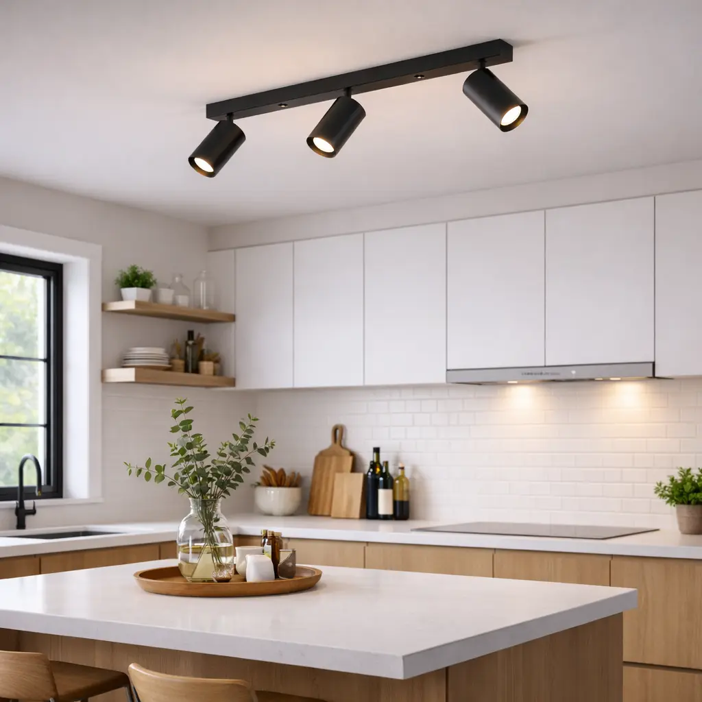 Suspension noire à trois spots illuminant une cuisine moderne blanche et bois, plan de travail lumineux et décor minimaliste. Suspension noire à trois spots illuminant une cuisine moderne blanche et bois, plan de travail lumineux et décor minimaliste.