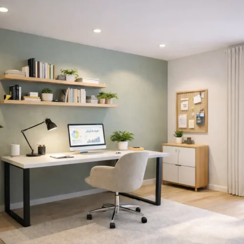 Bureau moderne lumineux avec grand bureau blanc et chaise gris clair, mur vert pastel, étagères bois avec livres et plantes, lampes et ordinateur, portant plante et tableau d’affichage près d’un meuble de rangement, grande fenêtre avec rideaux.