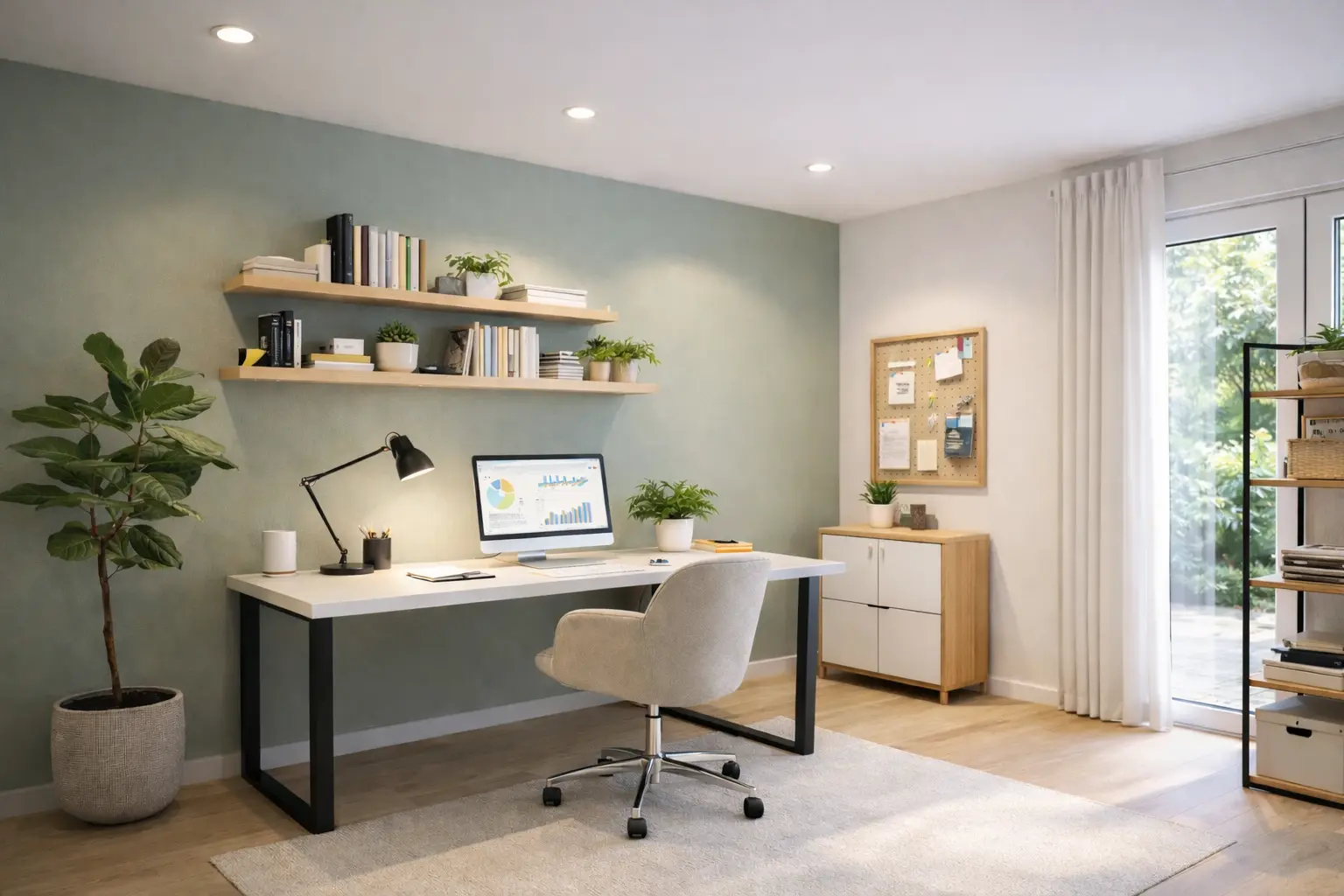 Bureau moderne lumineux avec grand bureau blanc et chaise gris clair, mur vert pastel, étagères bois avec livres et plantes, lampes et ordinateur, portant plante et tableau d’affichage près d’un meuble de rangement, grande fenêtre avec rideaux.