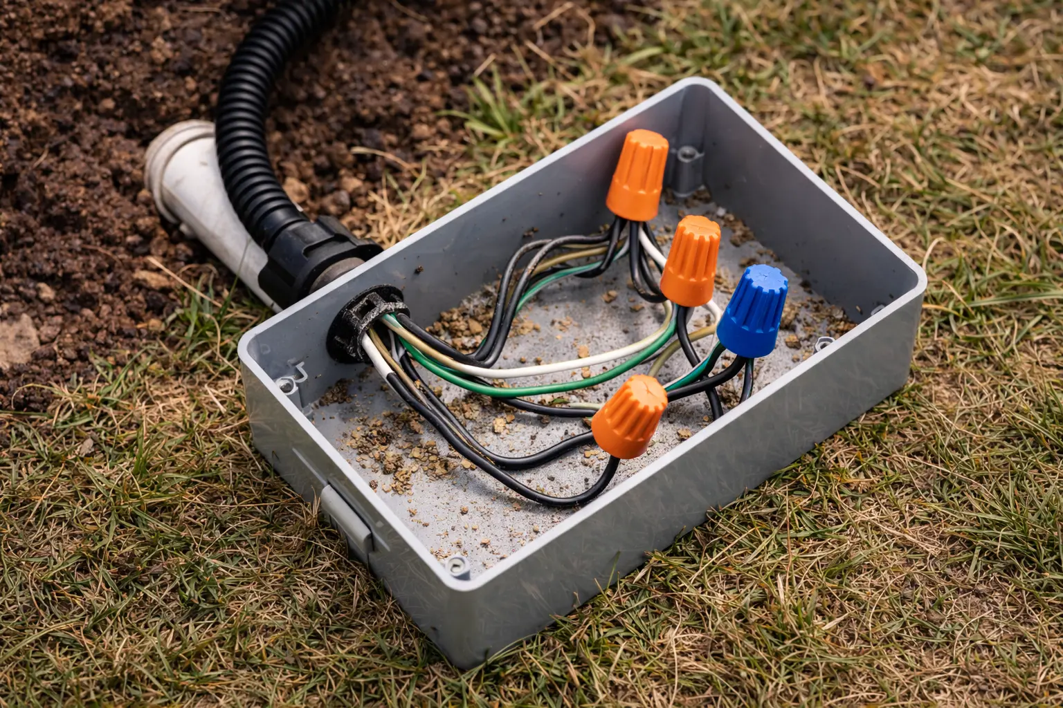 Boîte de dérivation électrique extérieure avec câbles noir, vert et blanc, connecteurs orange et bleu, posé sur terre et herbe.