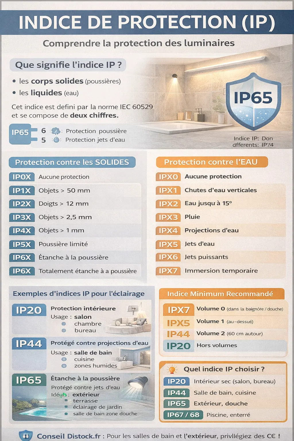 Infographie lumineuse sur l’indice IP: explications des protections IP65 et catégories IP0X à IP7X, avec exemples d’éclairage et protections contre poussière/eau dans une salle de bains.