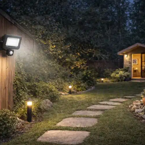Éclairage extérieur nocturne dans un jardin: projecteur mural sur une clôture en bois, sentier de pierres, lampes au sol et petit chalet lumineux en arrière-plan.