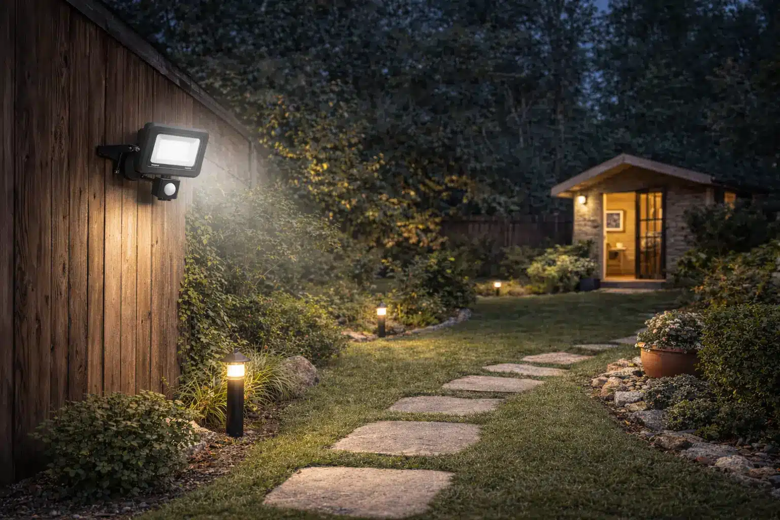 Éclairage extérieur nocturne dans un jardin: projecteur mural sur une clôture en bois, sentier de pierres, lampes au sol et petit chalet lumineux en arrière-plan.
