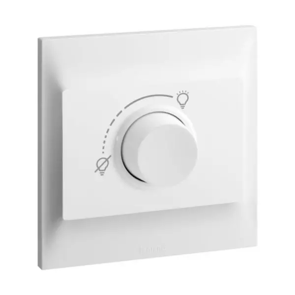 Réglette lumineuse à interrupteur rotatif dimmable blanc, visible sur fond blanc, graduations et icônes lumière.