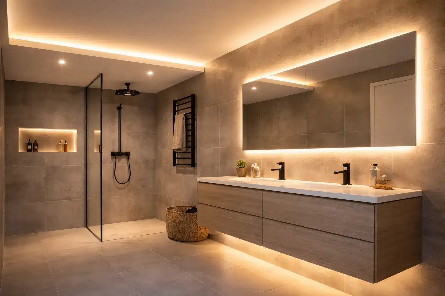 Salle de bains moderne avec douche à l’italienne, grand miroir éclairé et meuble double vasque en bois, décor gris et éclairage led indirect.