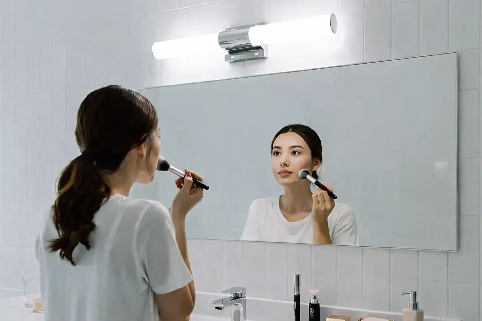 Femme se maquillant le visage devant un grand miroir éclairé par un luminaire horizontal, utilisant un pinceau.