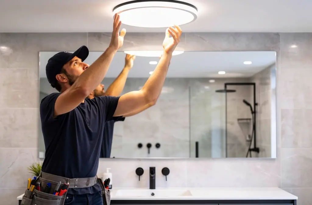 Installation d'un plafonnier LED rond au-dessus d'un lavabo de salle de bain moderne.
