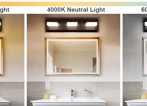 Affiche trois photos montrant un miroir au-dessus d’un lavabo avec éclairage LED mural: 3000K, 4000K et 6000K.