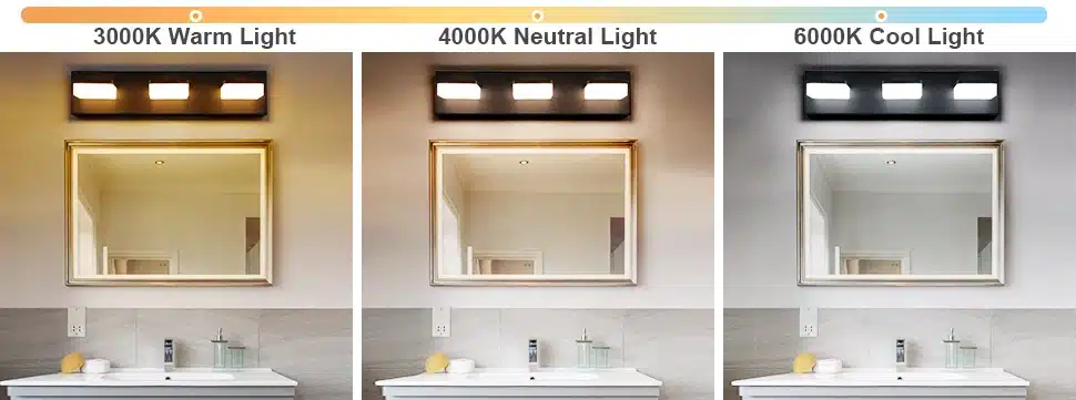 Affiche trois photos montrant un miroir au-dessus d’un lavabo avec éclairage LED mural: 3000K, 4000K et 6000K.
