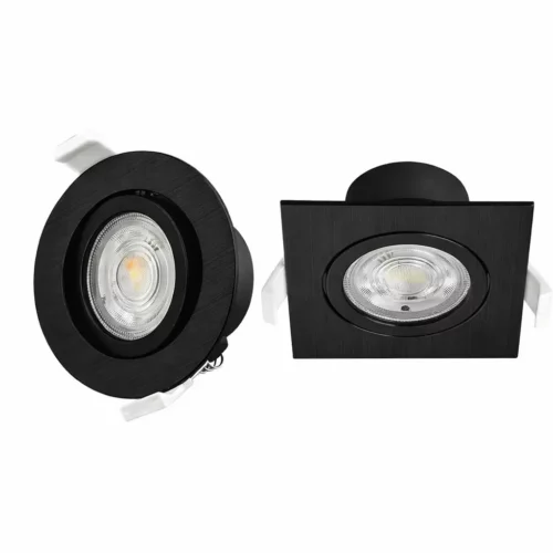 Spot LED encastrable noir, rond et carré, avec lentille et module LED, supports de fixation blancs visibles.