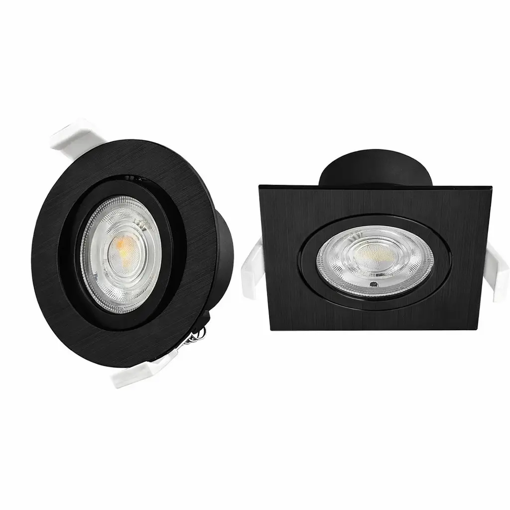 Spot LED encastrable noir, rond et carré, avec lentille et module LED, supports de fixation blancs visibles.