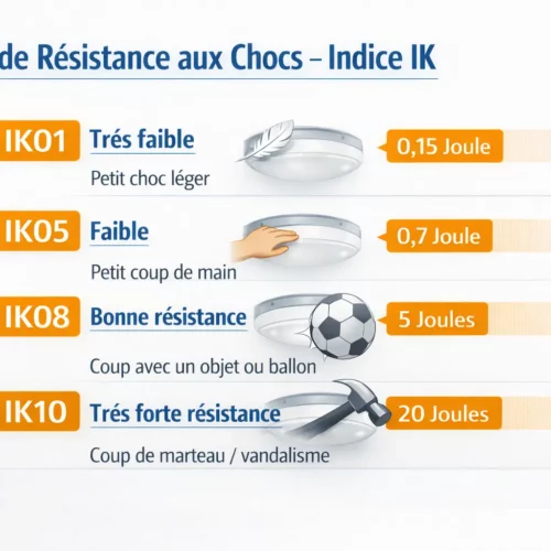 Échelle de Résistance aux Chocs – Indice IK avec IK01 à IK10 et leurs usages: petit choc léger, petit coup, bonne résistance, coup, très forte résistance et leurs valeurs en joules.