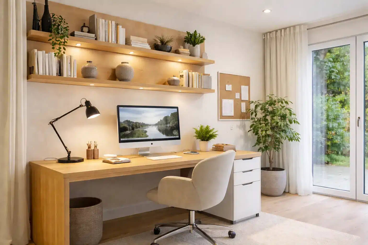 Bureau lumineux avec grand bureau en bois, chaise beige, ordinateur iMac, lampe de bureau, étagères décoratives et plantes, près d’un mur avec tableau d’affichage et porte-fenêtre donnant sur le jardin.