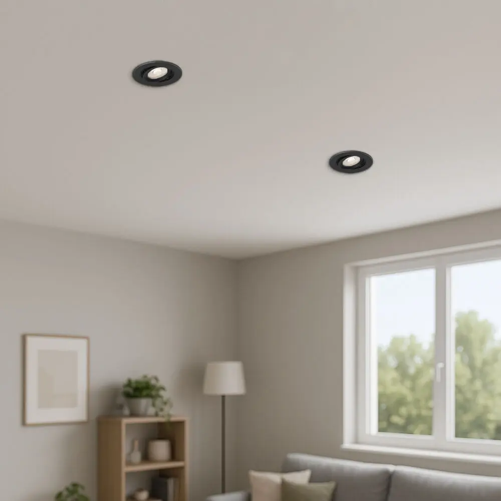 Plafonnier ou éclairage encastré rond noir avec LED dans un salon lumineux, grande fenêtre et meubles pastel.