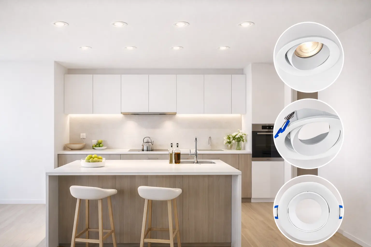 Cuisine moderne avec îlot, luminaires encastrés et rangements blancs; inseté sur le plan de travail et sur les images de produits LED (spot, micro-onde et accessoire). Cuisine moderne avec îlot, luminaires encastrés et rangements blancs; inseté sur le plan de travail et sur les images de produits LED (spot, micro-onde et accessoire).