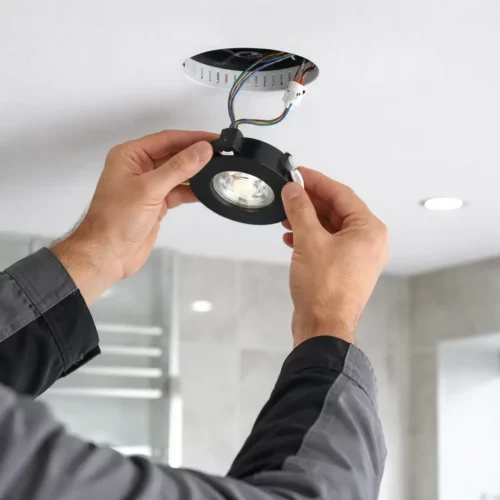 Installation d’un kit de spot LED encastrable en plafond, filage et raccordement visibles.