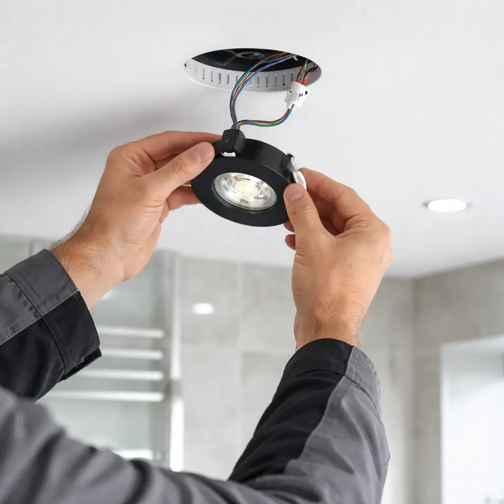Installation d’un kit de spot LED encastrable en plafond, filage et raccordement visibles. Installation d’un kit de spot LED encastrable en plafond, filage et raccordement visibles.