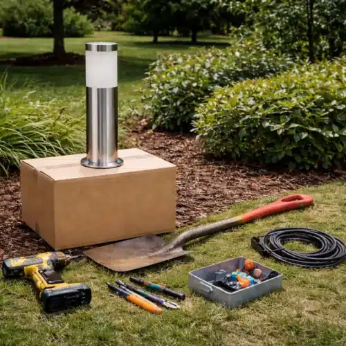 Lampe de jardin moderne en inox sur une boîte en carton, entourée d'outils et câbles dans un jardin.