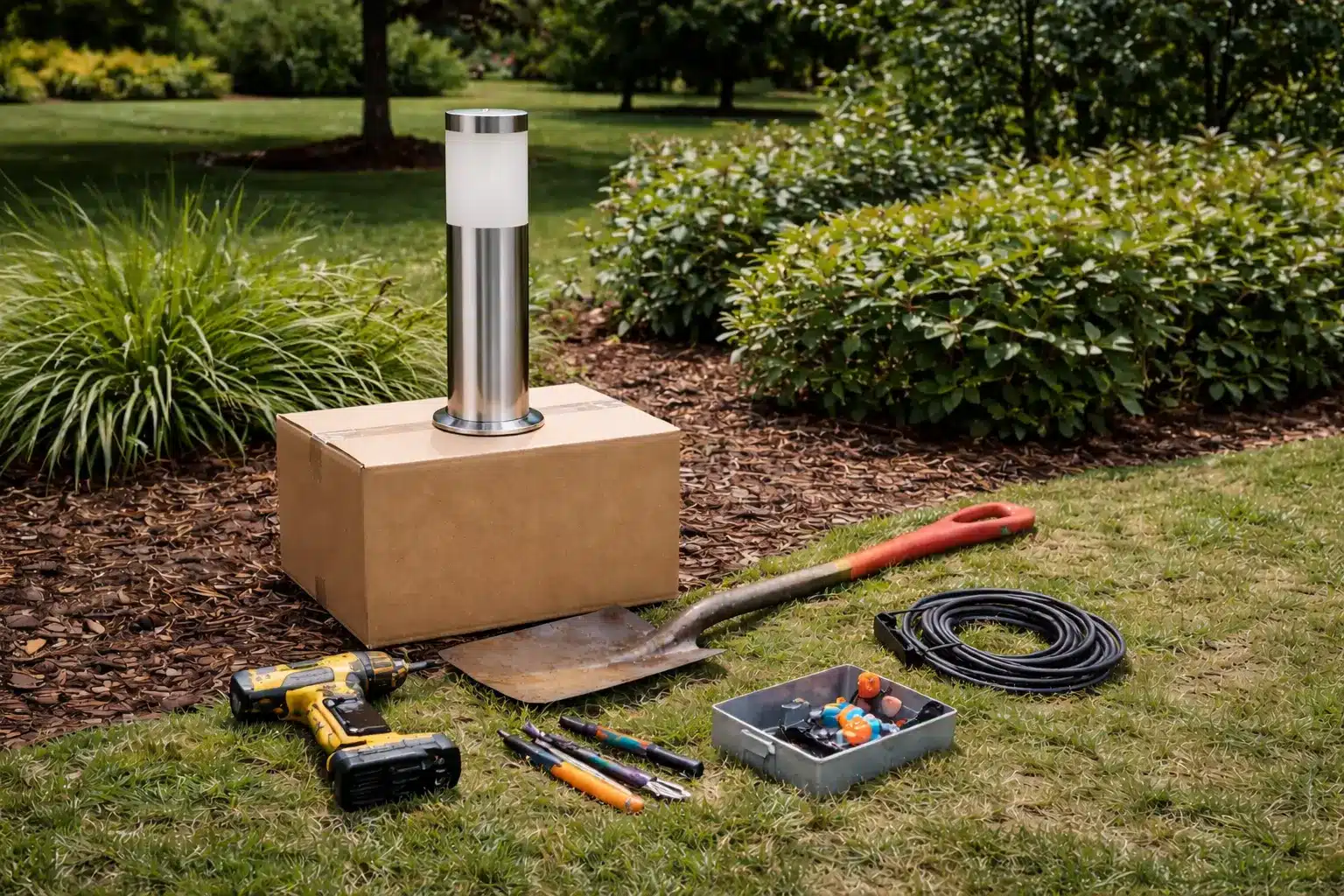 Lampe de jardin moderne en inox sur une boîte en carton, entourée d'outils et câbles dans un jardin.