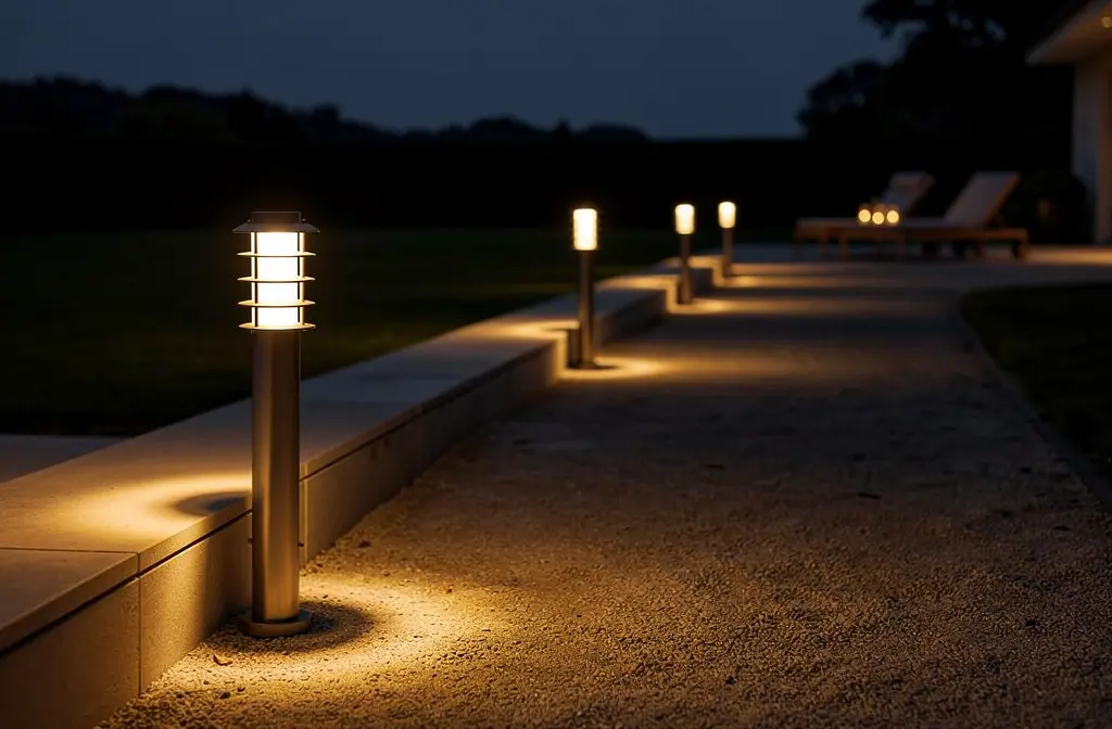 Lampadaire de jardin orienté vers le sol pour éclairer une terrasse sans éblouissement