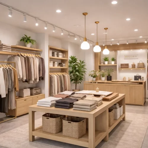 Boutique d’équipements de mode et d’éclairage LED: rayon vetements et accessoires en bois clair, micábles suspendus et plantes d’intérieur.