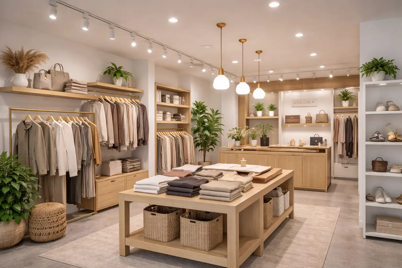 Boutique d’équipements de mode et d’éclairage LED: rayon vetements et accessoires en bois clair, micábles suspendus et plantes d’intérieur.