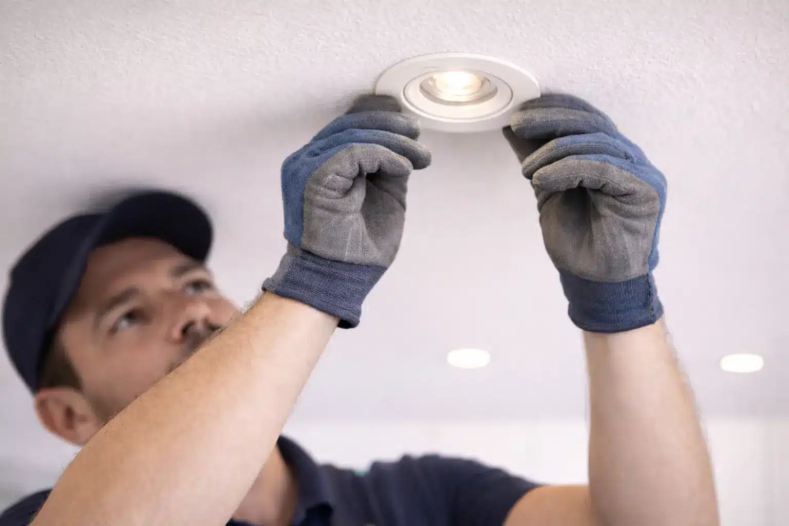 Électricien posant ou remplaçant une ampoule LED encastrée au plafond, portant gants gris et bleus. Électricien posant ou remplaçant une ampoule LED encastrée au plafond, portant gants gris et bleus.