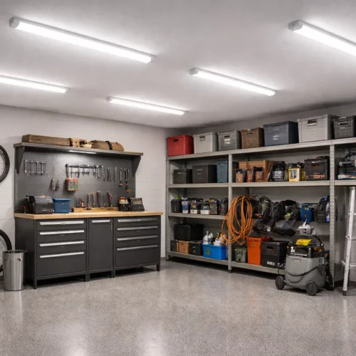 Espace de garage bien organisé avec établi gris et outils sur chevalet; vélos suspendus, rayonnages remplis de boîtes et équipements, tuyaux orange et balais au sol.