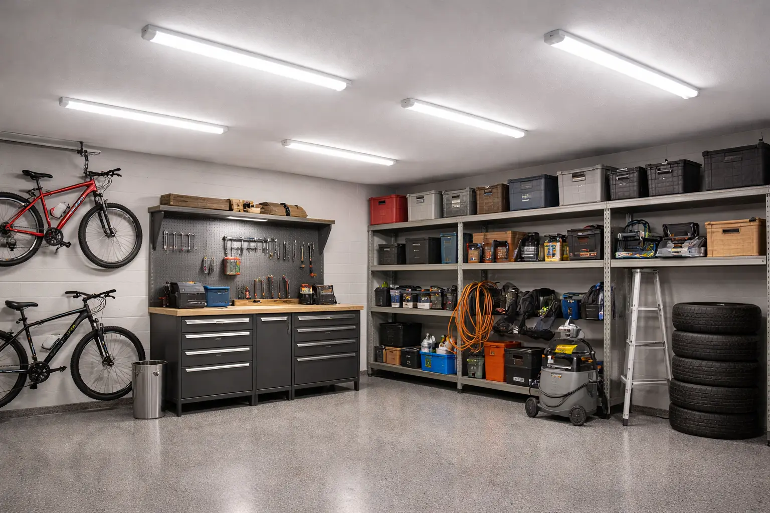 Espace de garage bien organisé avec établi gris et outils sur chevalet; vélos suspendus, rayonnages remplis de boîtes et équipements, tuyaux orange et balais au sol.