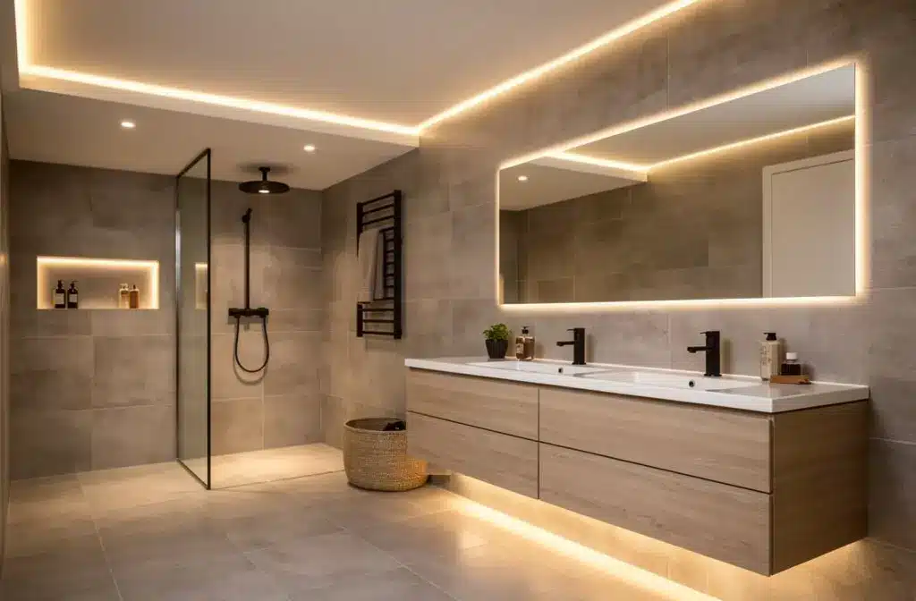 Éclairage LED IP44 installé dans une salle de bain moderne avec bandeau lumineux au plafond et miroir rétroéclairé