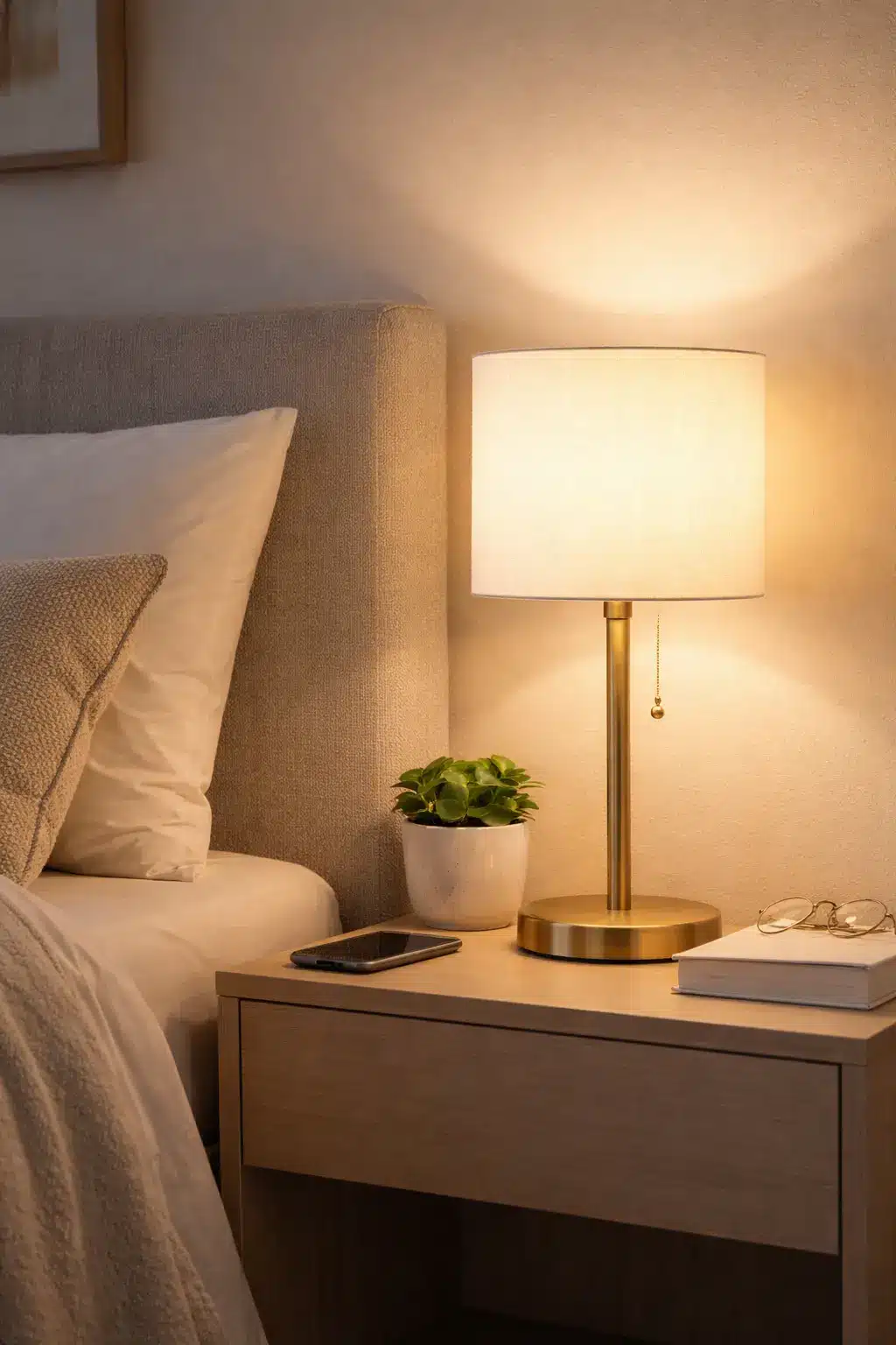 Lampe de chevet dorée sur une table de nuit avec abat-jour blanc, près d’un lit avec coussin et plante en pot; ambiance lumineuse chaleureuse. Lampe de chevet dorée sur une table de nuit avec abat-jour blanc, près d’un lit avec coussin et plante en pot; ambiance lumineuse chaleureuse.