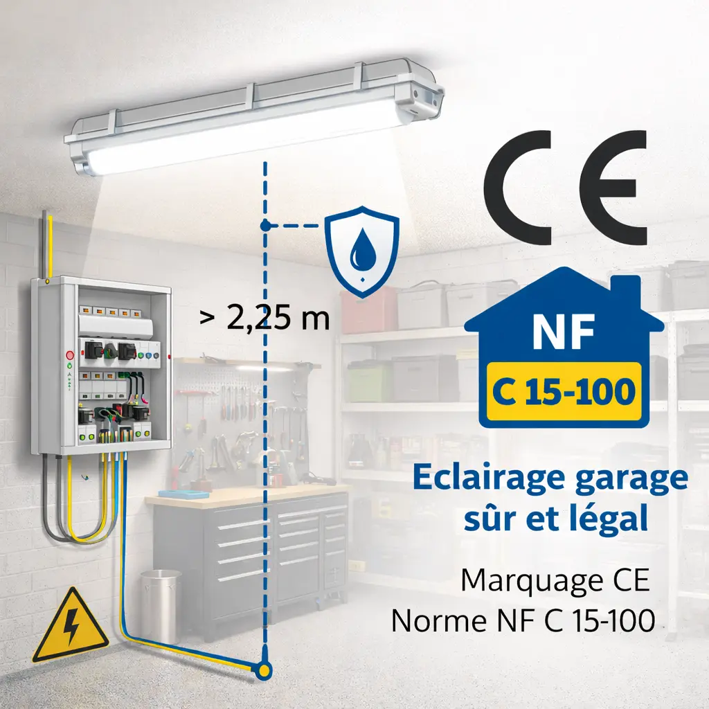 Éclairage LED mural garage avec boîtier électrique, câble jaune et bleu, symbole CE et NF C 15-100, marque CE et norme NF CA 15-100.