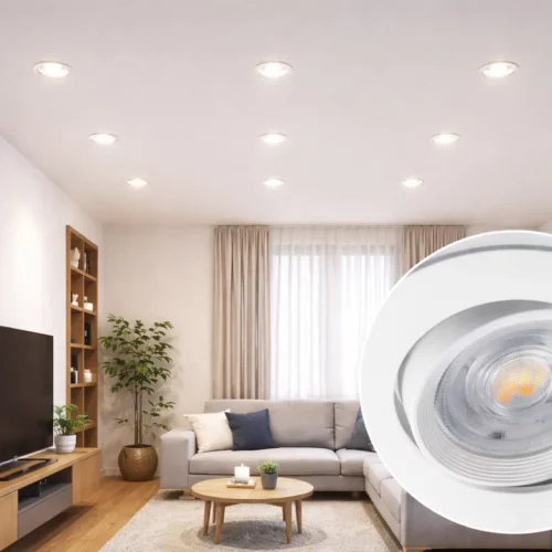 Luminaire LED encastré rond blanc dans un salon moderne, avec canapé Gris clair, table basse en bois et plantes d’intérieur.