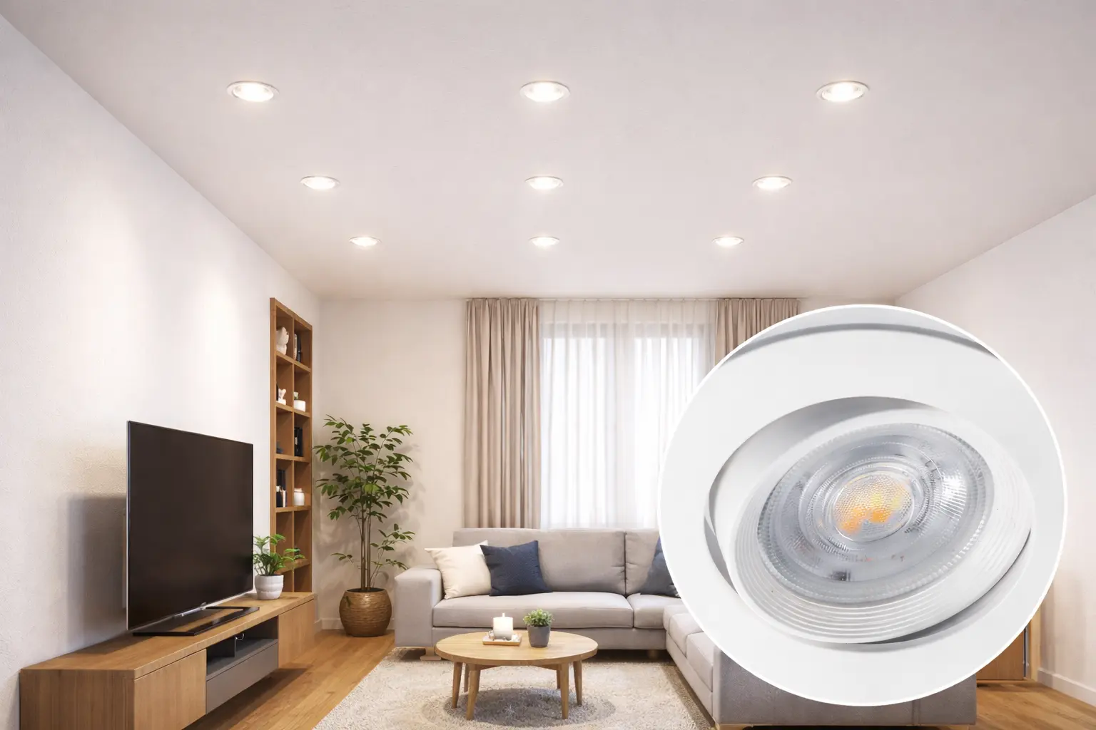 Luminaire LED encastré rond blanc dans un salon moderne, avec canapé Gris clair, table basse en bois et plantes d’intérieur. Luminaire LED encastré rond blanc dans un salon moderne, avec canapé Gris clair, table basse en bois et plantes d’intérieur.