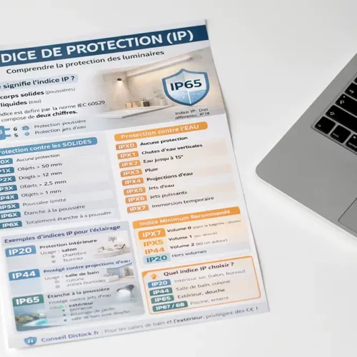 Infographie sur l'indice de protection IP des luminaires posée sur un bureau blanc.