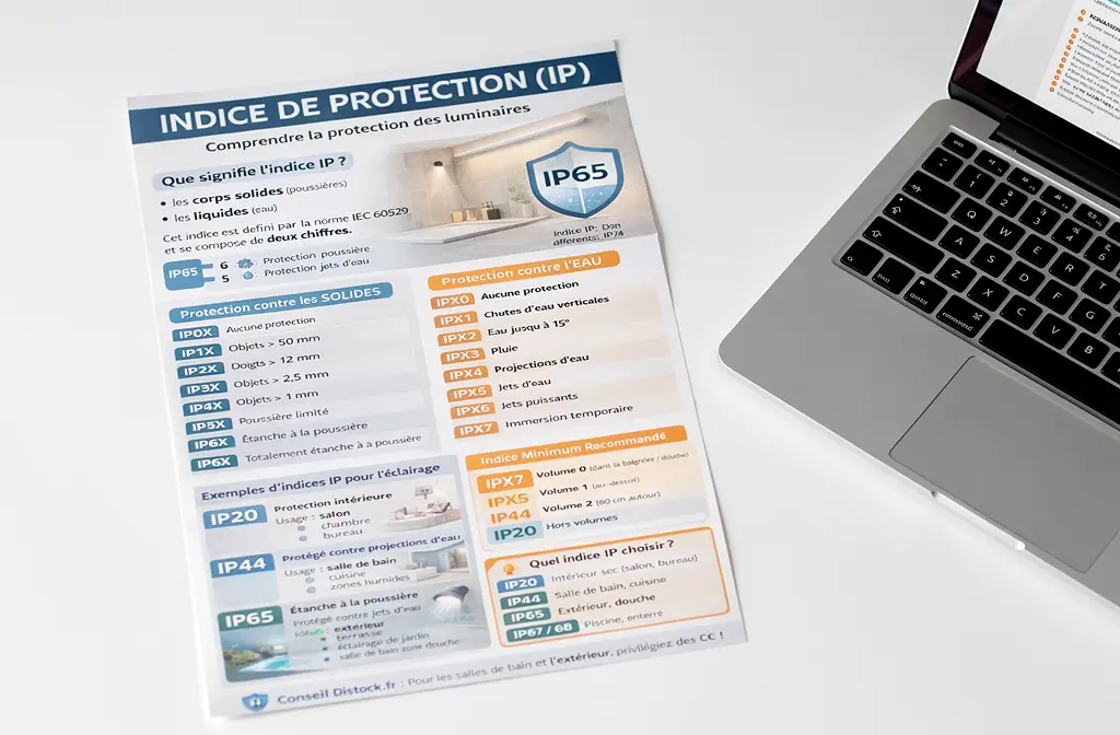 Infographie sur l'indice de protection IP des luminaires posée sur un bureau blanc.