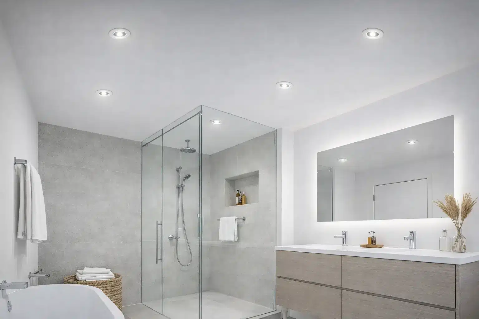 Installation de spots LED encastrables rond IP65 dans une salle de bain de 10m² - éclairage plafond étanche conforme zones humides