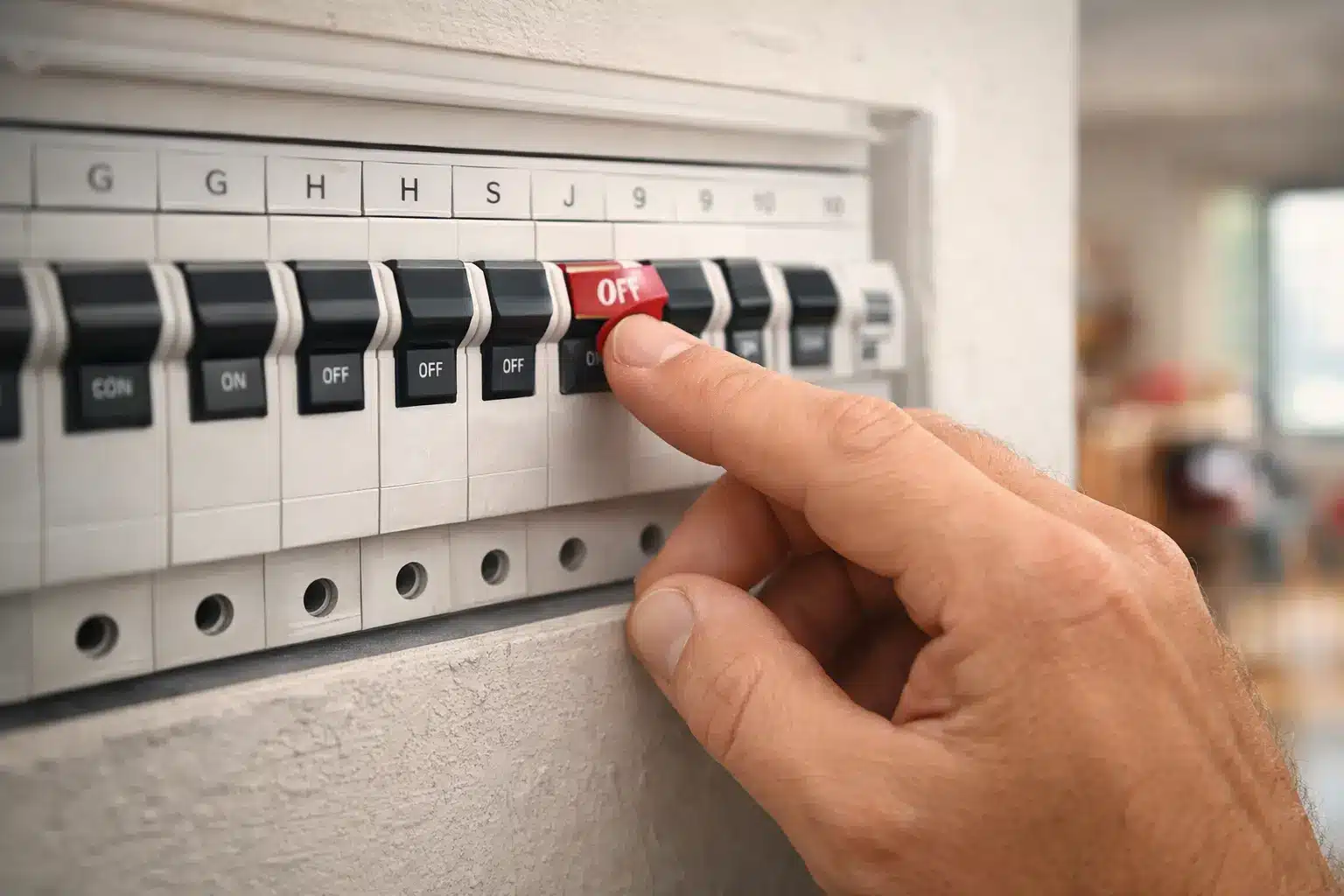 main coupant le courant sur un tableau électrique domestique en position off disjoncteur sécurité électricité maison